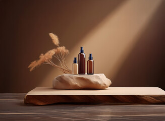 Three glass bottles with blue tops and a single smaller white bottle are displayed on a light stone resting on a wooden surface, with a single dried branch reaching toward the bottles.