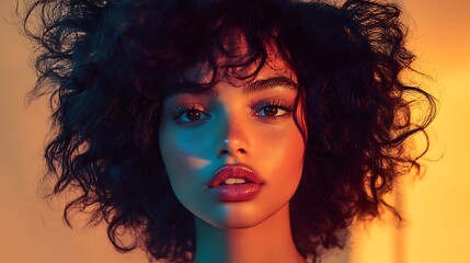 Fototapeta premium Hair model with voluminous curls captured mid-hair flip, strands flying out dramatically, studio backdrop with deep shadows and bright highlights,