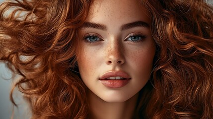 Naklejka premium Hair model with voluminous curls captured mid-hair flip, strands flying out dramatically, studio backdrop with deep shadows and bright highlights,