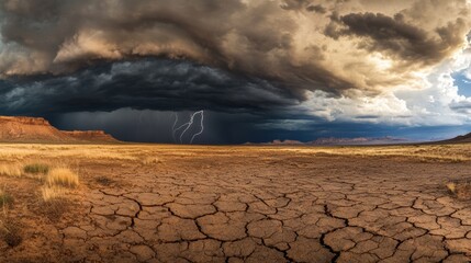 Dark clouds loom over an arid desert, creating an intense atmosphere while lightning flashes in the distance as rain approaches. Generative AI