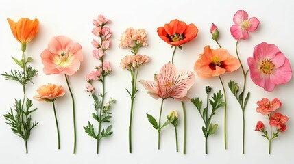 Assortment of Pink, Orange, and Red Flowers on White Background