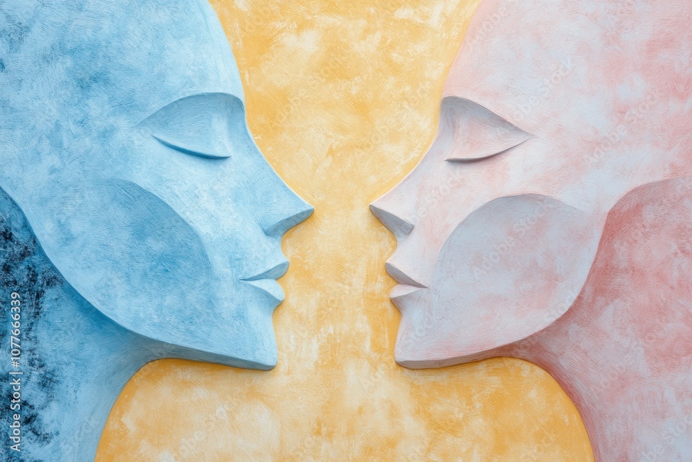 Fototapete This artwork features the silhouettes of two abstract faces in soft pastel colors, reflecting themes of connection and understanding. Generative AI
