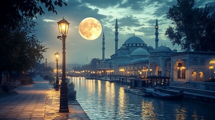 A Mosque on a Canal Under a Full Moon