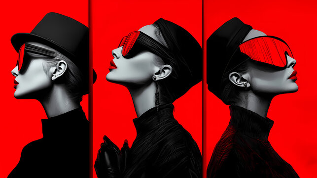 A quartet of monochrome fashion portraits, overlaid with bold red typography, each conveying a unique facet of style and sophistication. Monochrome. Illustration