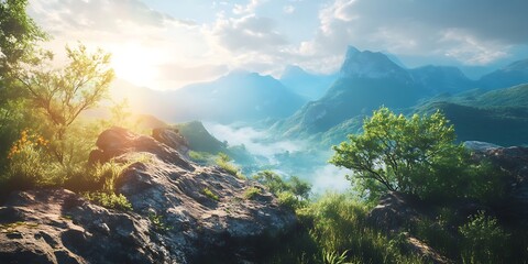 Mountain peak with sunlight and clouds above green valley