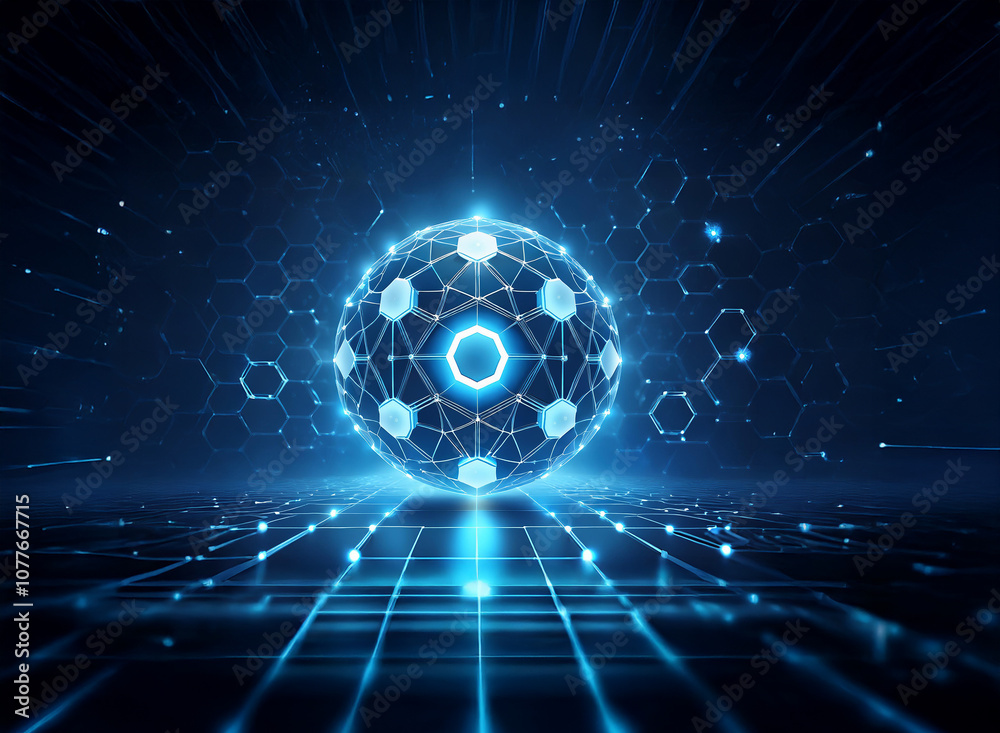 Fototapete a glowing sphere with a network of lines, surrounded by hexagonal patterns, in a blue and black, fut