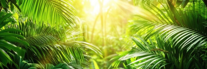 Golden sunlight shines through dense greenery, illuminating the tranquil tropical forest with a warm and inviting ambiance. Generative AI