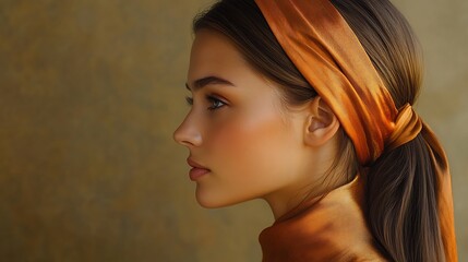 Side profile of a hair model with sleek, straight hair tied back with a flowing silk scarf, scarf draped elegantly over her shoulder, minimalist studio background,