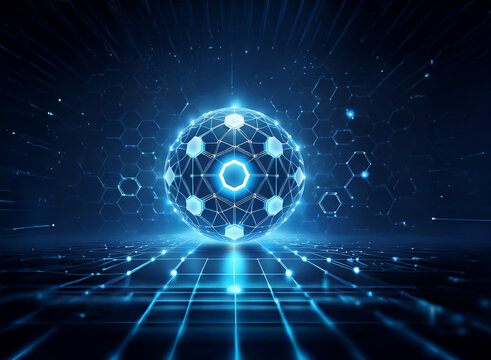 A glowing sphere with a network of lines, surrounded by hexagonal patterns, in a blue and black, futuristic, digital space. - Powered by Adobe