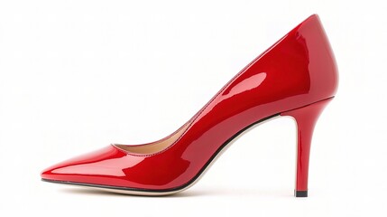 Bright Red High Heel Shoe Standing Elegantly on a Clean White Background Perfect for Fashion, Style, and Accessory Visuals, Showcasing Sophistication and Glamour
