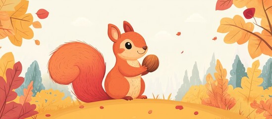 Cute vector of a squirrel holding a nut, autumn colors, friendly style 
