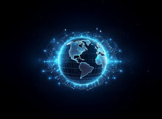 A glowing, blue, digital representation of Earth surrounded by a grid of connected lines, representing the global network of technology and communication.