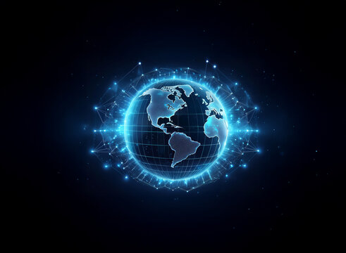 A glowing, blue, digital representation of Earth surrounded by a grid of connected lines, representing the global network of technology and communication.