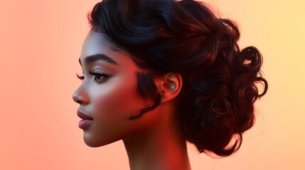 Fototapeta premium Side view of a hair model with a loose, chic updo, backlit by soft sunlight, capturing the healthy shine and soft curls framing her face, smooth texture and relaxed elegance,