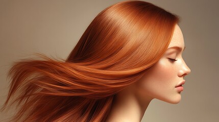 Fototapeta premium Side view of a hair model with long, glossy straight hair, strands perfectly aligned, soft studio lighting highlighting the smooth surface, minimalist gradient background, emphasis on the sleek,
