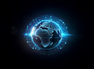 Obraz premium A glowing blue digital globe with connected lines and a dark background.