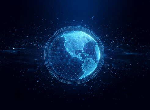 A glowing blue digital globe with a digital grid structure.