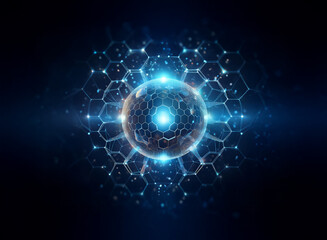A glowing sphere surrounded by a hexagonal pattern against a dark blue background.
