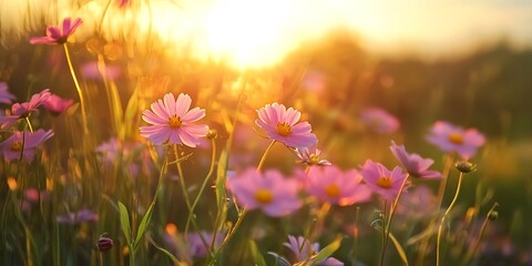 Pink Flowers In Field At Sunset