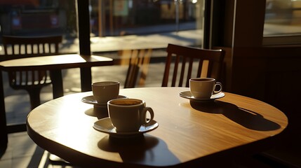 Two Cups of Coffee on a Wooden Table in a Cafe