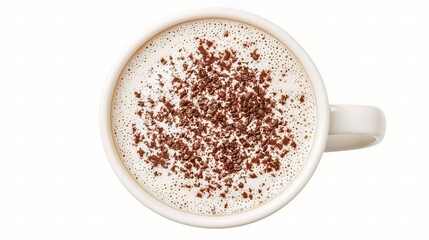 Top View of Creamy Cappuccino in White Mug with Chocolate Sprinkles Isolated on White Background Perfect for Coffee Lovers and Food Photography