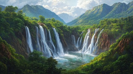 Fototapeta premium Waterfall Paradise in Lush Mountains