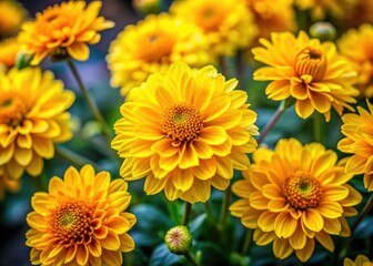 Fototapeta premium In a serene natural environment, small yellow flowers bloom vibrantly, their sunny petals contrasting gently with a soft-focus backdrop, evoking a sense of calm and beauty.