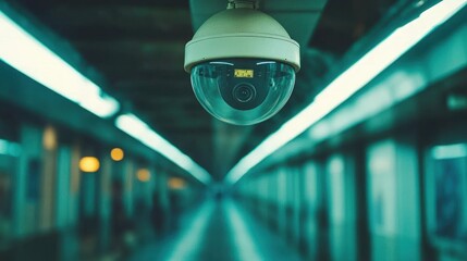 A security camera hangs from the ceiling in a subway station, capturing footage of the area.