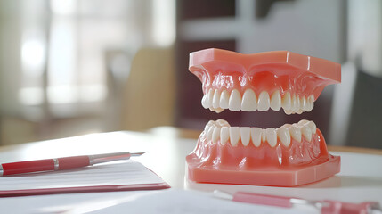 A dental model showcasing teeth and gums on a table, used for educational purposes.