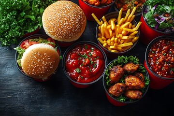 French fries, burgers and other fast food on wooden table against white background