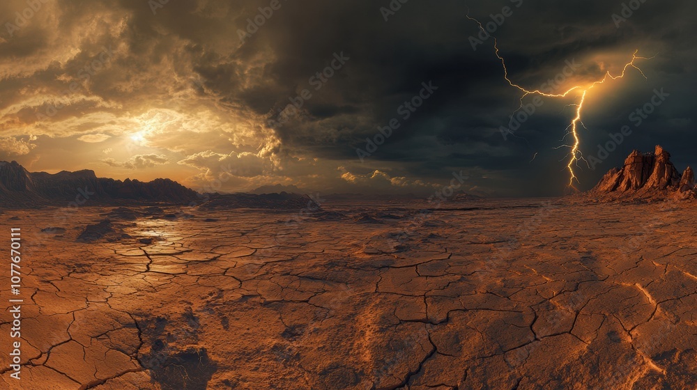 Poster dark clouds roll in over a parched desert, with lightning striking as the sun sets, creating a drama