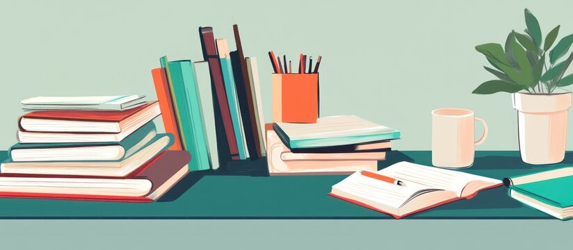 A well-organized teacher's desk with a stack of books, coffee mug, and stationery, 