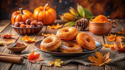 A plate of powdered sugar donuts sits on a rustic wooden table surrounded by autumn leaves and pumpkins.