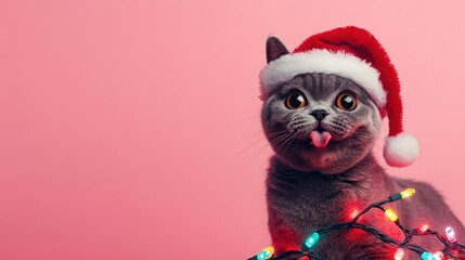 Fototapeta premium A playful cat wearing a Santa hat, surrounded by colorful holiday lights against a pink background, captures the festive spirit.
