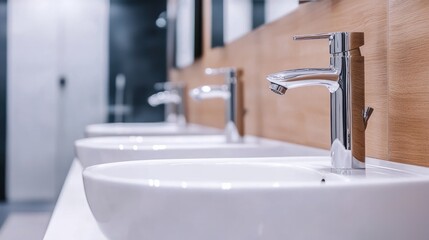 Fototapeta premium A modern bathroom with multiple sinks, elegant faucets, and a sleek design, featuring a minimalistic aesthetic and clean lines.