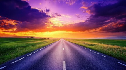 Naklejka premium Asphalt Road Leading Towards Sunset