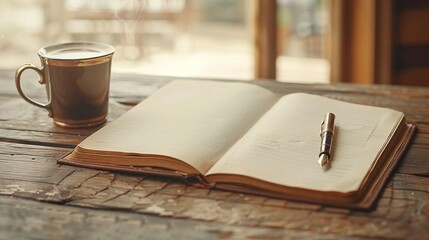 Naklejka premium Open notebook with vintage pages, pen placed on top, ceramic coffee mug, rustic wooden table, warm ambient lighting, writing or journaling setup, creative workspace