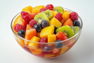 A glass bowl filled with a colorful mix of fresh fruits, including raspberries, kiwi, mango, and blueberries
