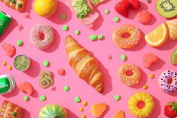 Tasty appetizing Party Accessories Happy Birthday Sweet. Different types of candies on colored background, copy space. Colorful birthday party