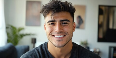Fototapeta premium A Young Man with Facial Hair, Sitting in a Living Room, Smiling