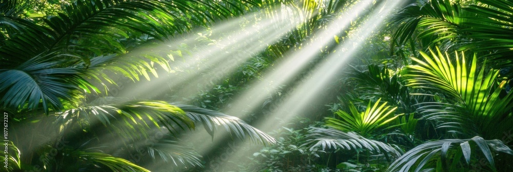 Aufkleber Sunlight filters through dense leaves, illuminating the rich greenery of a tropical forest, creating a serene and tranquil atmosphere. Generative AI
