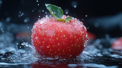 A single, ripe strawberry with a green leaf, splashed with water, on a black background.