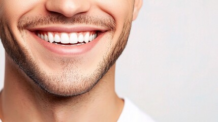 Fototapeta premium Close-Up Portrait of a Handsome Young Man Smiling Brightly with a Charming Expression Against a Neutral Background, Radiating Positivity and Confidence