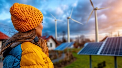 A woman in a warm outfit stands before solar panels and wind turbines, representing a modern connection with nature and renewable energy in a serene landscape.