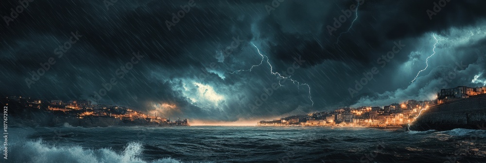 Poster dark clouds gather over a coastal city, while lightning strikes dramatically across the sky, reveali