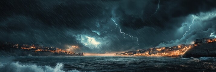 Fototapeta premium Dark clouds gather over a coastal city, while lightning strikes dramatically across the sky, revealing tumultuous ocean waves. Generative AI