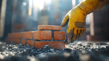 Construction Worker's Hand Placing Brick on Wall Realistic Image