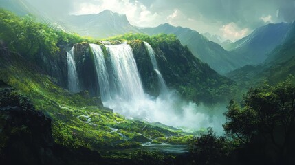 Fototapeta premium Majestic Waterfall in Lush Mountain Valley