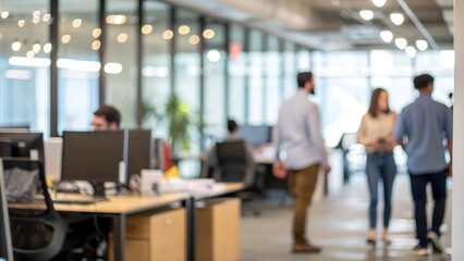 Office with blurred people in casual clothes and bokeh background.