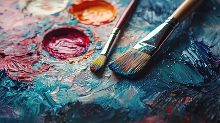 Fototapeta premium Vibrant and Colorful Artist Palette with Brushes Showcasing Rich Pigments for Creative Expression and Inspiration in Artistic Environments and Studios